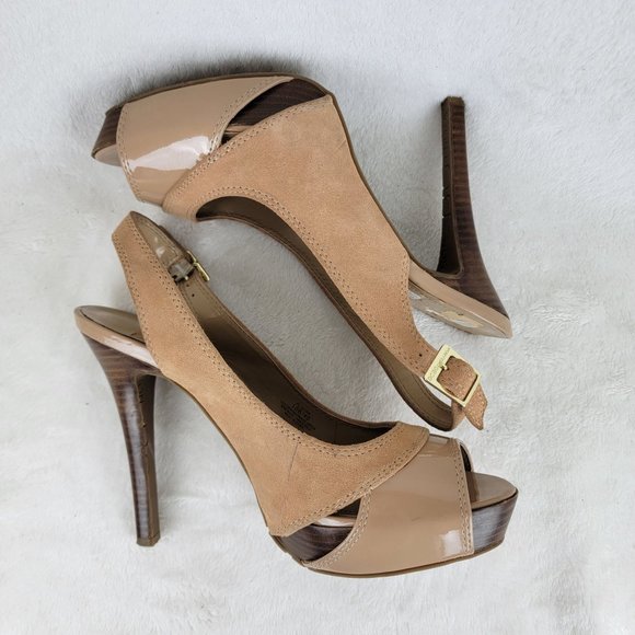 BCBGeneration Tan Slingback Heels with Peep-Toe Design - Picture 5 of 8